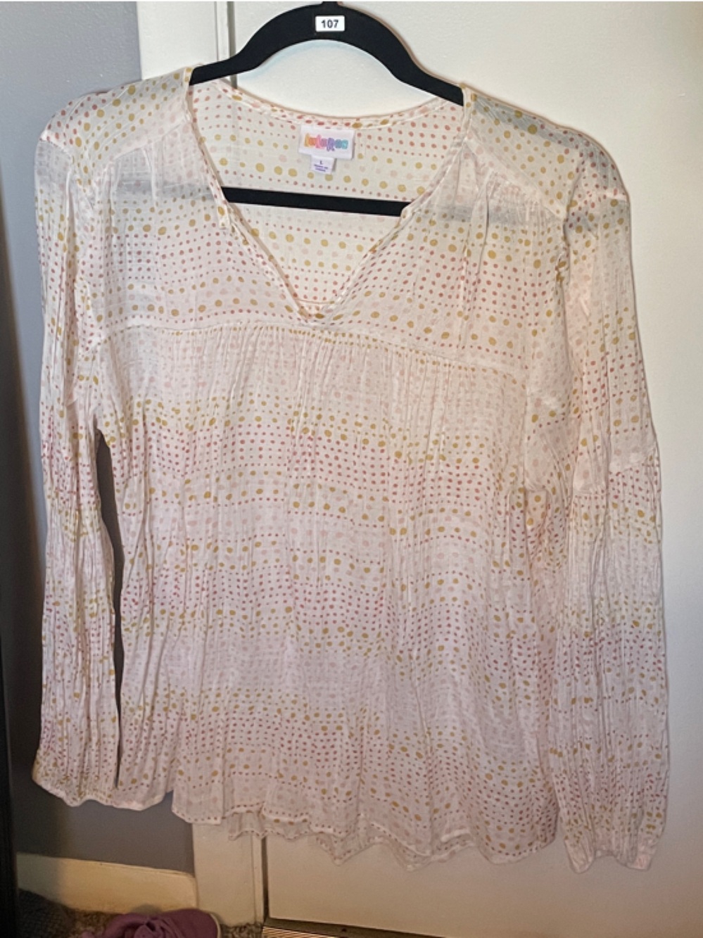 LuLaRoe Cream Blouse with Pink and Gold Dot Print